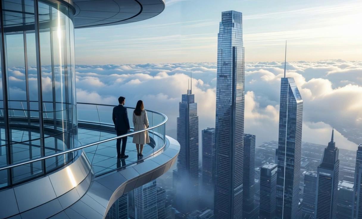 Prompt: A couple meets atop a skyscraper balcony in a cyberpunk metropolis, they clasp hands, cityscape with slowly moving clouds behind them, the camera ascending steadily to frame the sprawling cityscape beyond the couple.
