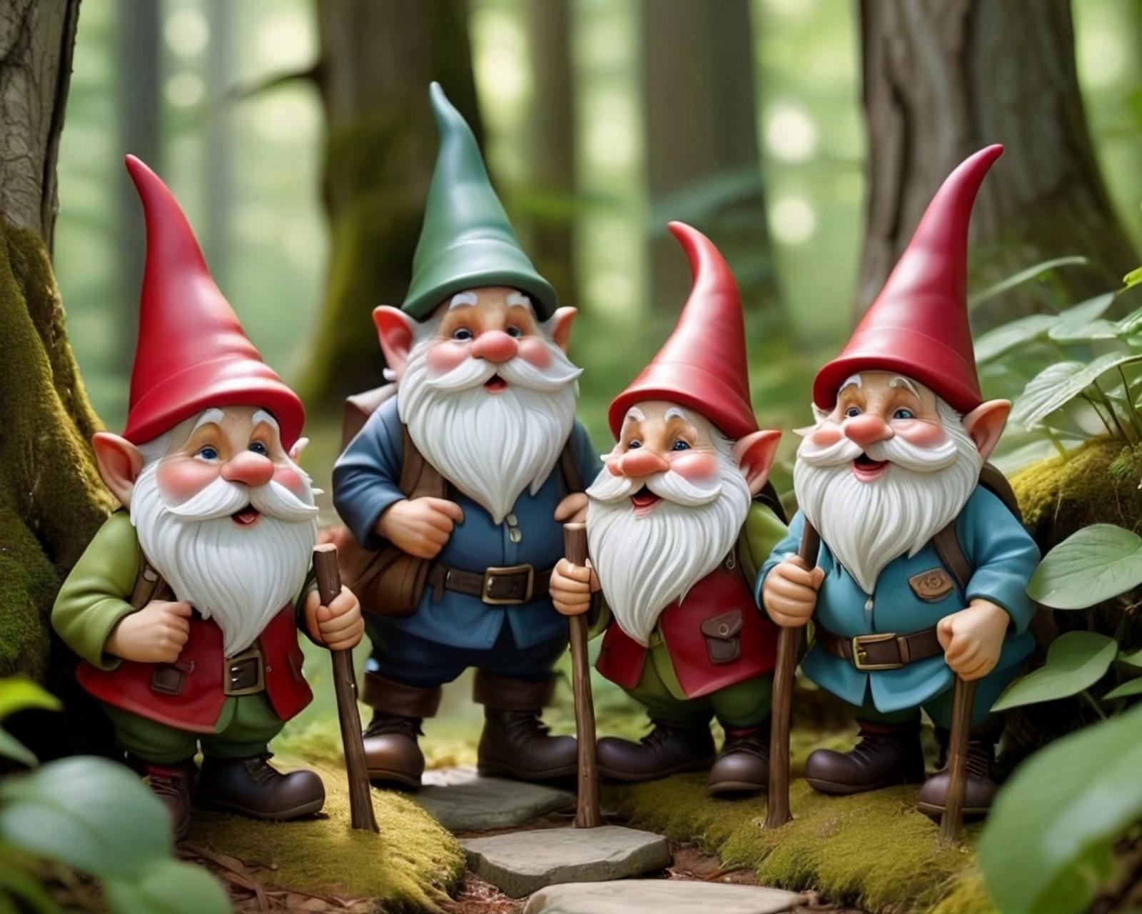 Prompt: Standard greetings to each other as they cross paths along  mountain trails weaving in and out amongest each other until they all end up at the same spot and jump for joy .  Gnome Time!  Style of Disney characters in mystical times like Lord of the Rings.