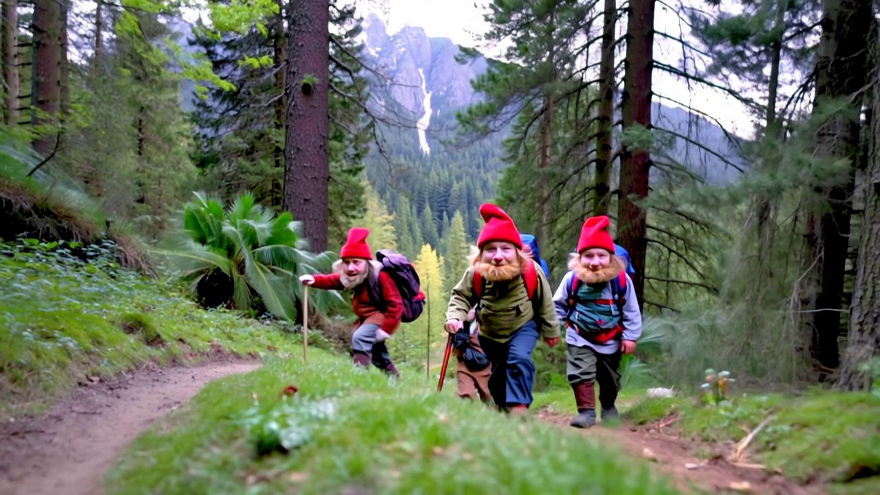 Prompt: The image shows a group of four middle aged realestic gnomes walking in a forest. The gnomes are all wearing red hats and carrying backpacks and hiking gear. They are walking on a dirt path surrounded by trees, plants and mountains in the background. One of the gnomes has a big smile on his face and is holding a walking stick. The other two gnomes have big smiles on their faces and are also smiling. They appear to be happy and enjoying their hike. The overall mood of the image is cheerful and playful.