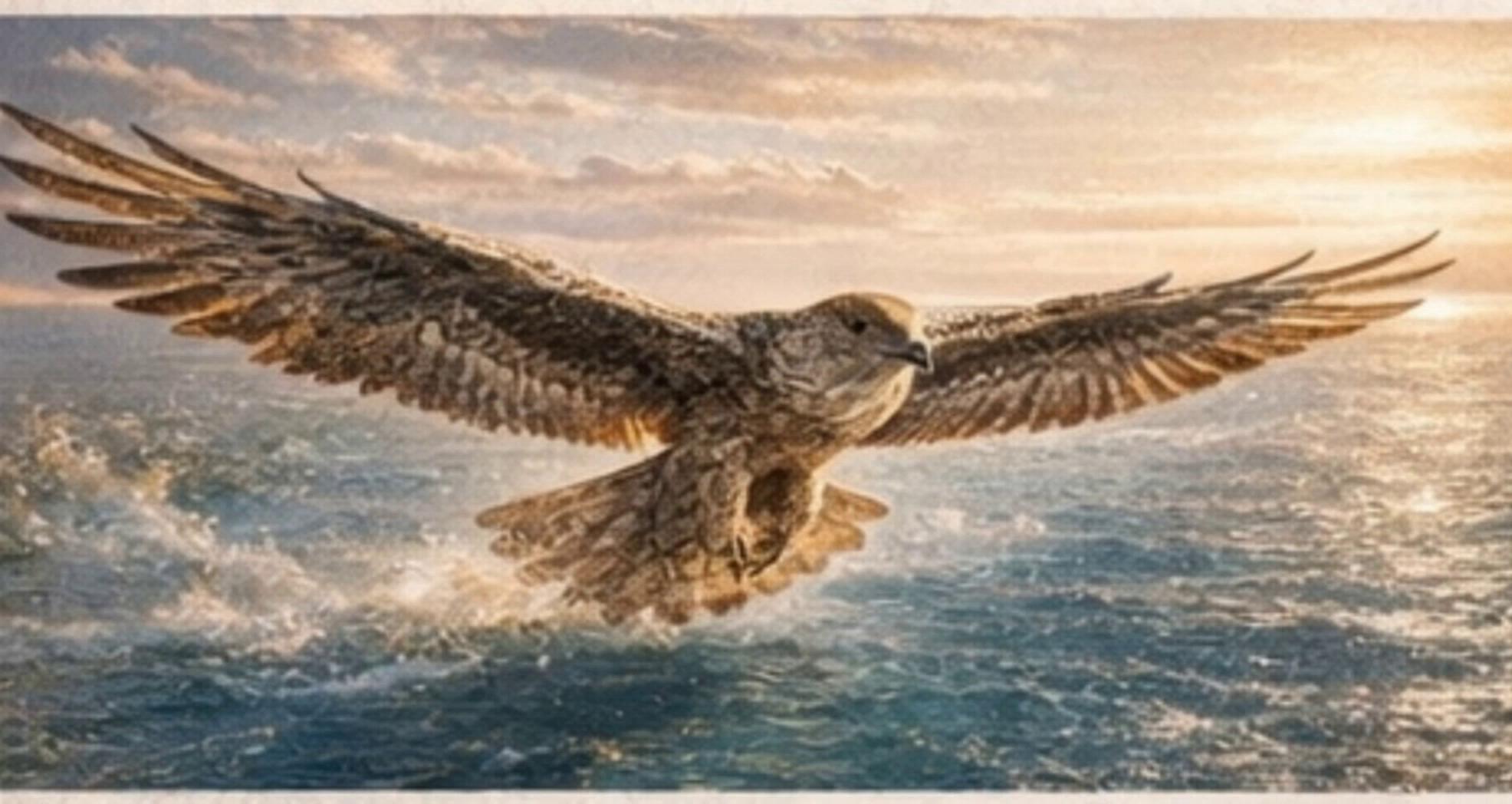 Prompt: Create a cinematic architectural transformation video. The scene starts with a majestic falcon flying over a turquoise Mediterranean coastline. The falcon slowly descends toward the shore, wings fully spread, glowing in golden sunlight. As the falcon lands, its wings begin to transform into flowing architectural forms. The feathers dissolve into smooth, curved glass and white stone. The falcon’s wings gradually become two iconic hotel wings embracing the shoreline. The falcon’s body transforms into the central lobby and entrance plaza. The camera slowly flies forward and down, revealing the real luxury waterfront hotel masterplan beneath. Palm trees, lagoons and gardens appear around the building. Sunlight reflects on glass and water. Style: ultra-realistic, Abu Dhabi luxury real estate cinematic style. Lighting: golden hour, soft warm glow, reflections on water. Mood: powerful, elegant, visionary. Camera: slow cinematic drone movement. Quality: 4K, hyper-realistic, high detail.
