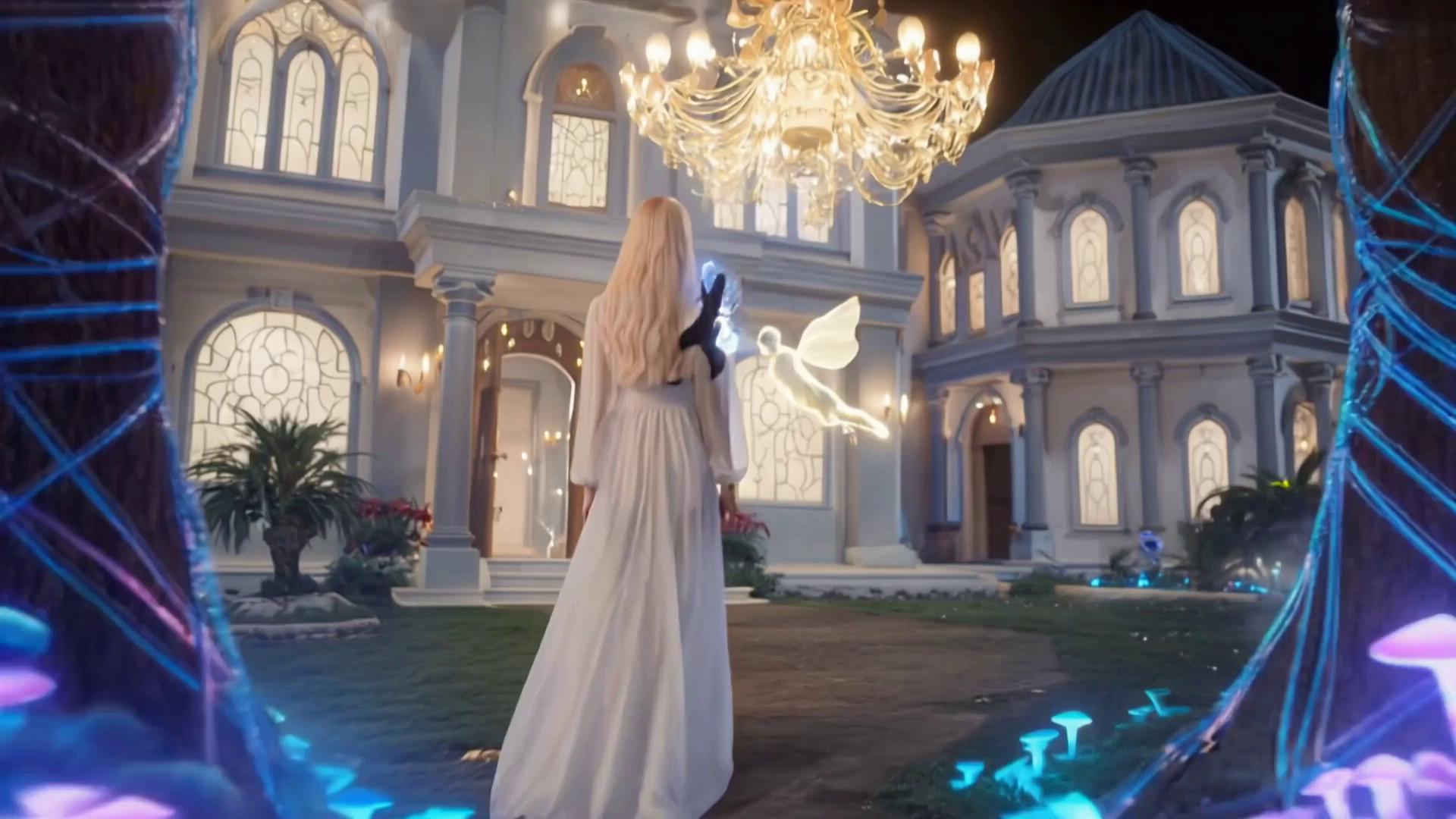 Prompt: A mystical spirit creature bursts out from the cat in an explosion of light The spirit guide emerges - a majestic, translucent, glowing shadow creature Magical smoke and particles surround the transformation Voiceover: "Your familiar has been protecting you all along."The spirit guide floats in the air, glowing brightly It looks at the girl, then begins flying deeper into the mansion The spirit leaves a trail of magical light as it flies The girl watches in awe, then starts following the spirit She runs/walks through the mystical mansion corridors chasing the spirit  The girl stops and looks up at it The spirit suddenly explodes into thousands of brilliant magical particlesit should follow tiktok format of video