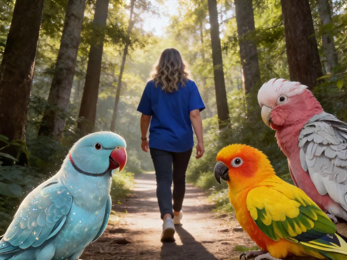 Prompt: Sitting with my three parrots. They are playing 