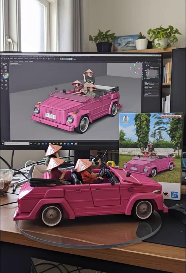 Prompt: 
Nure two hand gently pick up the figure on the frame and rotate it slightly for inpection.the model in the packaging box remain stationary,while all other background elements stay unchanged.