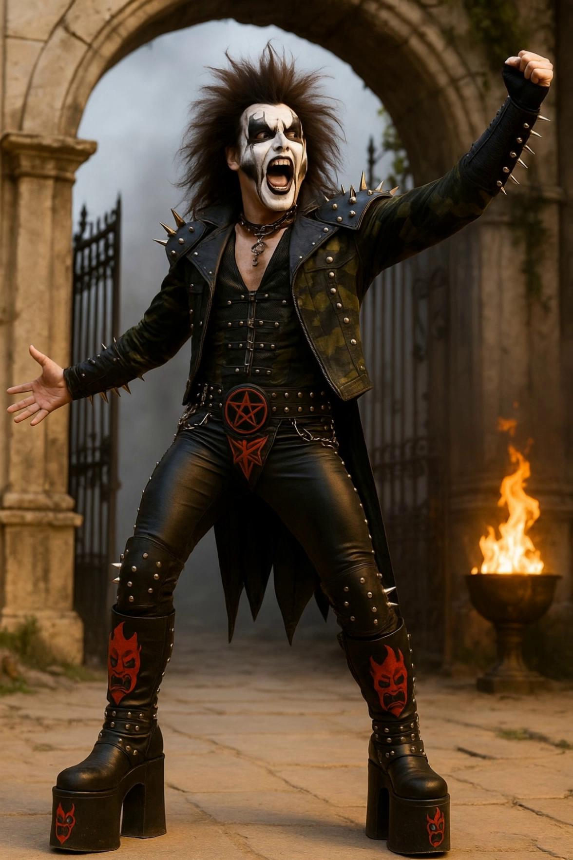 Prompt: Lead signer of BMP(bloody Mary's Pickle) heavy metal death metal hard rocking German grunge band lots of wild movements and singing into the mic then drops the mic at the end with huge stadium explosions in the back ground like they are on a massive stage signing to 10,000 people 