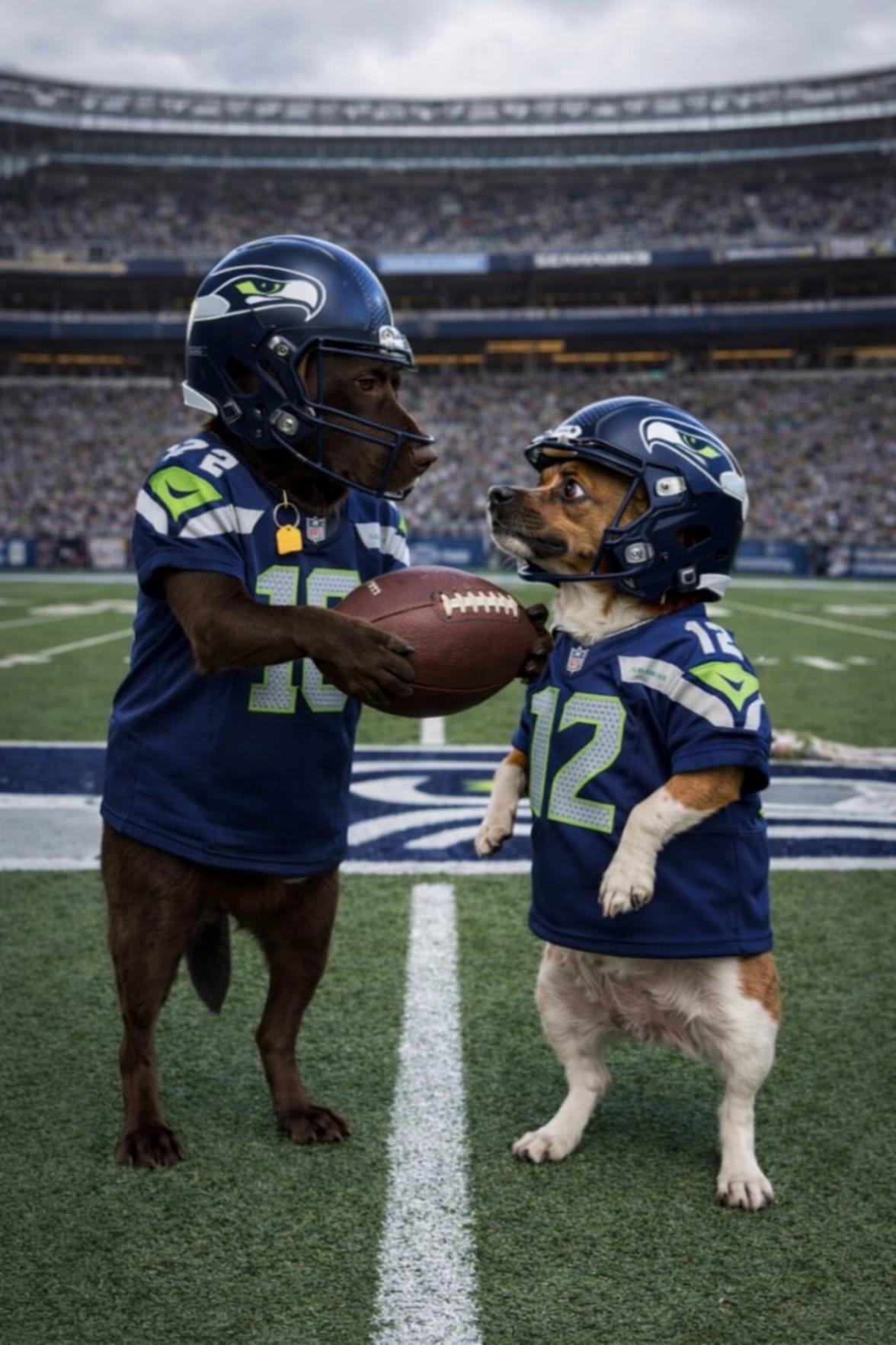 Prompt: Two dogs wearing Seahawks gear. The Labrador dog throws the ball hard and really high . The short dog chases the football. He runs super fast . Aspect ratio 9:16