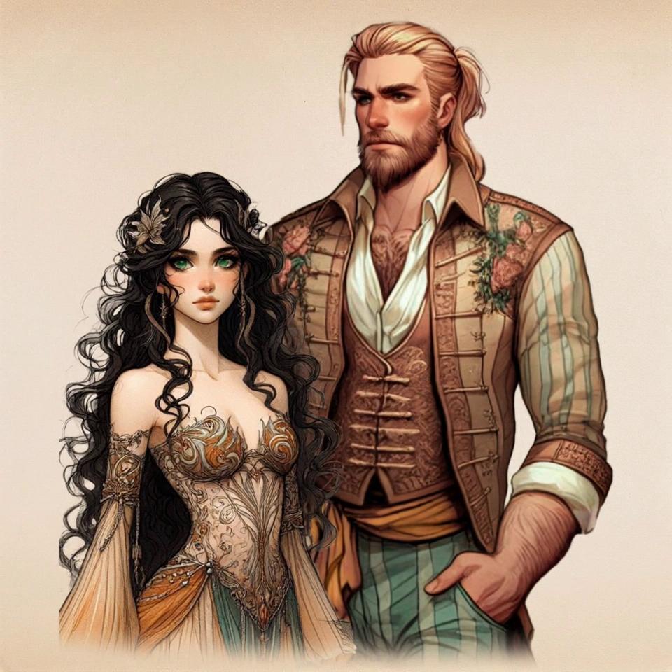 Prompt: She looks up at him, he looks down at her and then they smile gently at each other