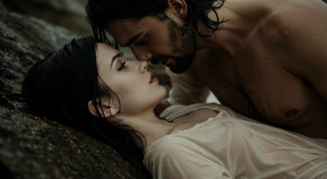 Prompt: He speaks softly to her and she reaches up to hold his shoulder. They kiss
