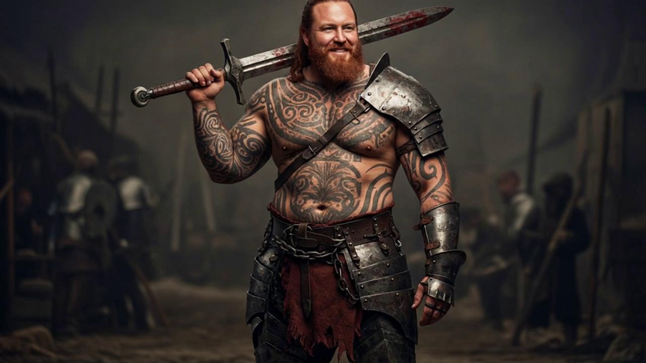 Prompt: He is grinning and nodding, then lowers his sword and walks away