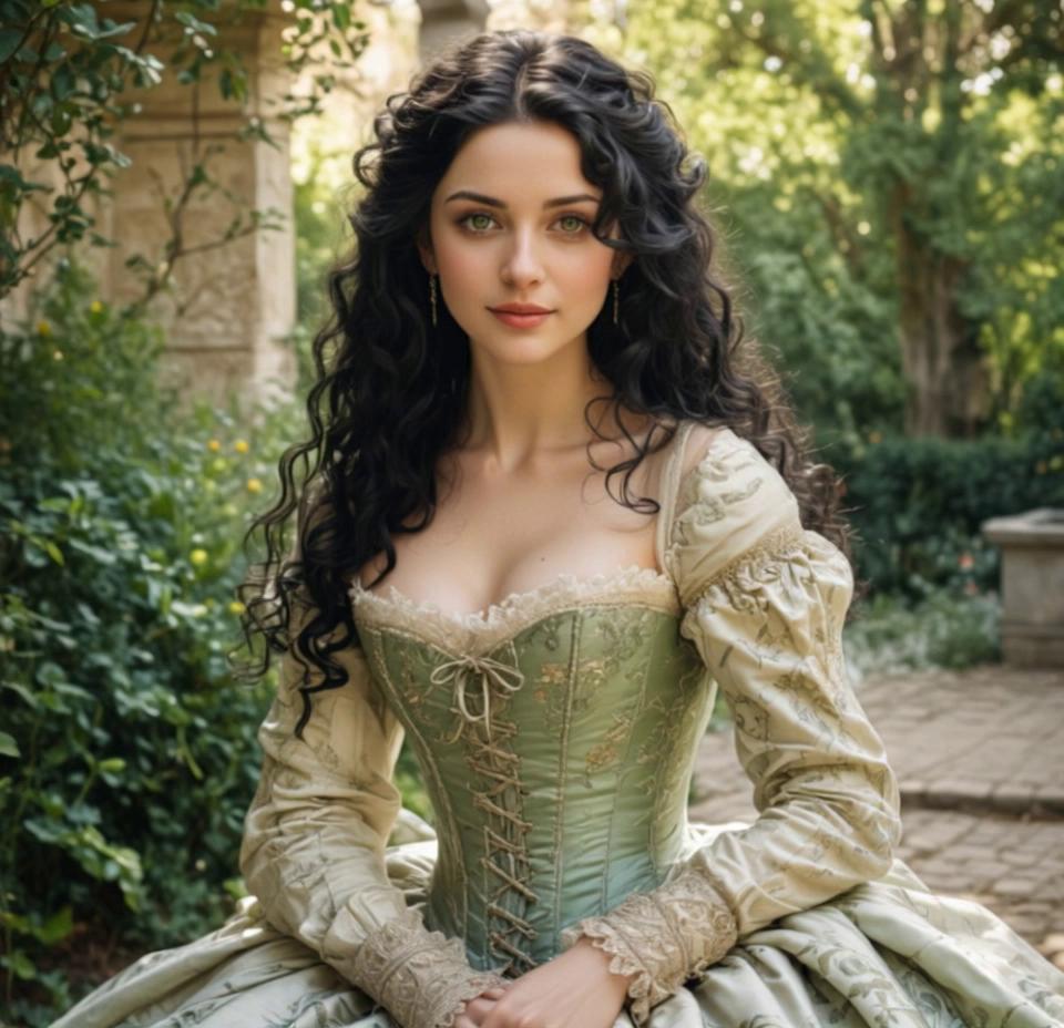 Prompt: She smiles gently, looking left and then right. Her hair and blowing slightly in the wind.