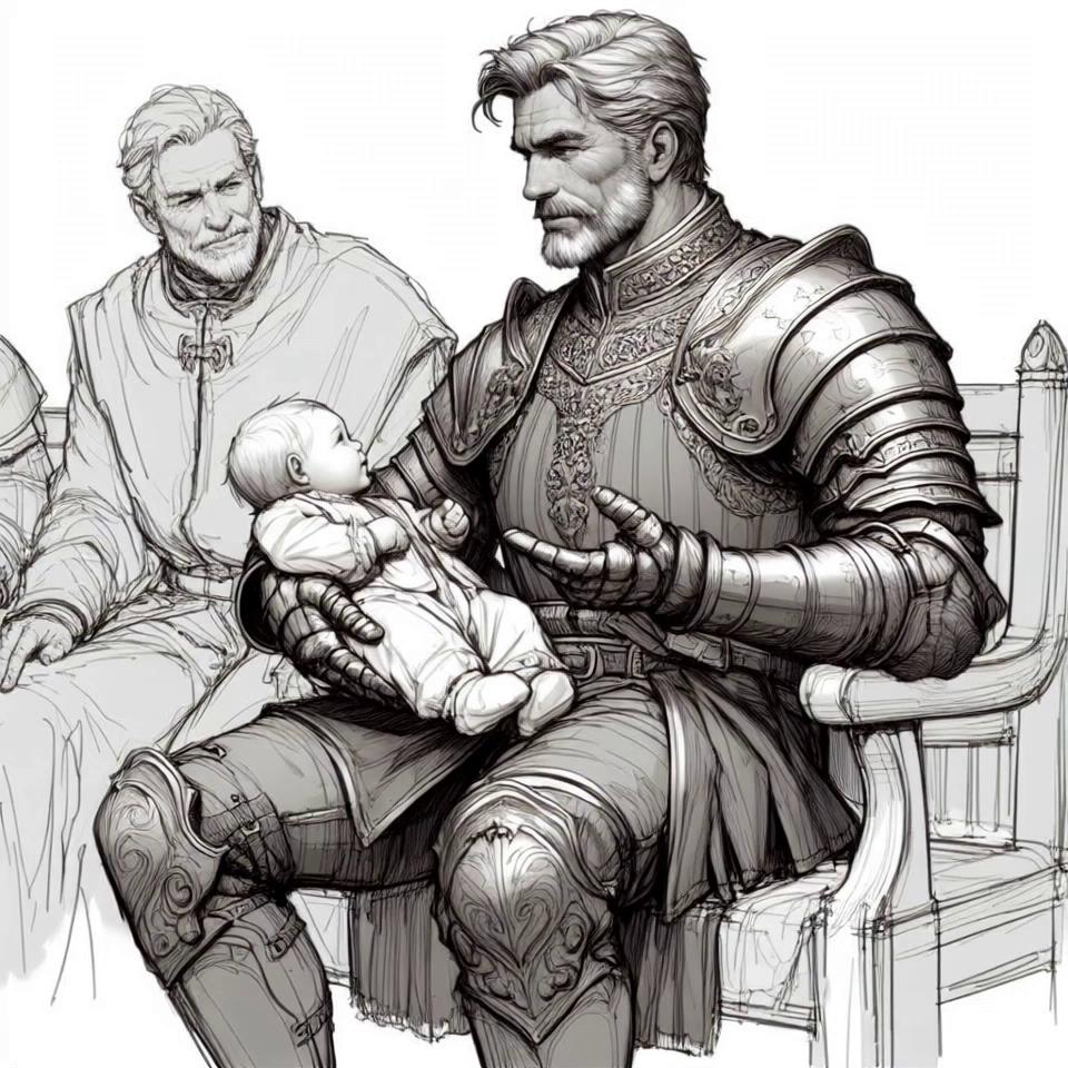 Prompt: He is looking down at the baby while talking