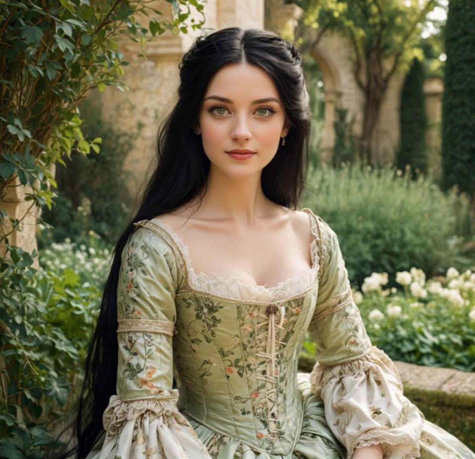 Prompt: She smiles gently, looking left and then right. Her hair and blowing slightly in the wind.