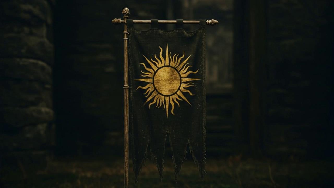 Prompt: The banner is moving slightly in the wind and there are flecks of embers and faint light rays in the air