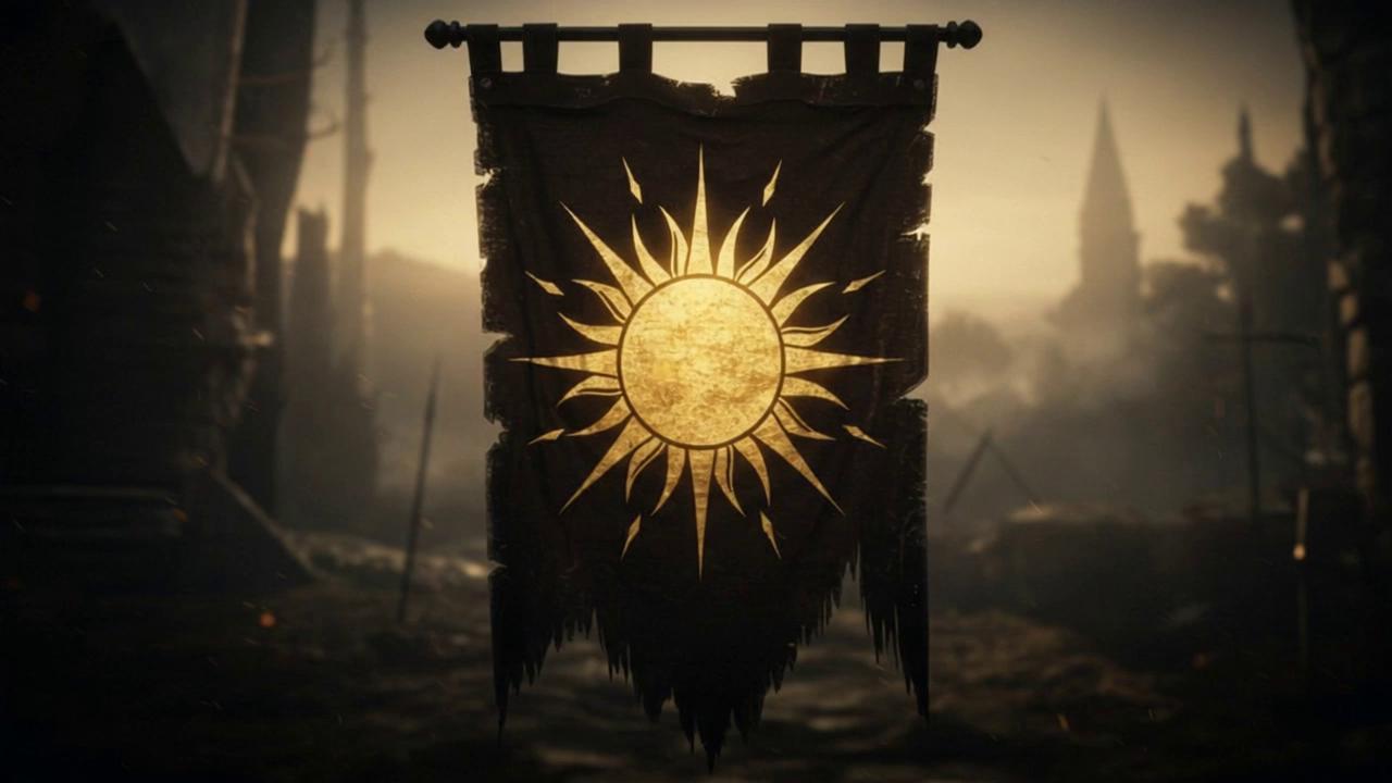 Prompt: The banner is moving in the wind and there are burning flecks of embers and faint motes of light in the air all around the flag.