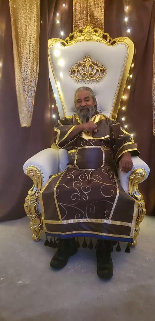 Prompt: Have the old man salute with his fist hitting his chest. After he transforms into a strong powerful celestial being, who now dwells in heaven w a powerful God beside him, the God has a white coil Afro, he is very tall, has extravagant white and gold angelic clothes. And they stand together in masculinity, the black angels around sound their trumpets and the environment is cinematic, happy, joyous and reverent 