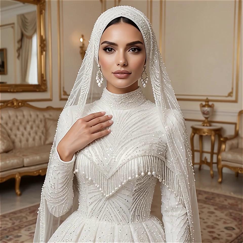 Prompt: Hyper-realistic fashion video of a young female model wearing a wedding dress. Tesettür-style white headscarf fully covering her hair. Soft, natural makeup: minimalist eyes, soft pink lips, natural eyebrows. The model gracefully moves, showing different angles and poses. Elegant indoor setting, luxurious but neutral decor, cream-colored walls, subtle patterned rugs. Soft cinematic lighting emphasizing the model’s elegant presence. Smooth camera movements, slow motion, close-ups. Sophisticated, elegant fashion video style. 
