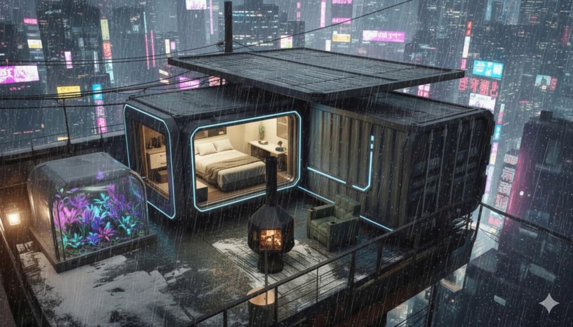 Prompt: Animate this image, the rain is pouring down onto the windows making a lot of loud noise, there is a relaxing Lofi music playing 