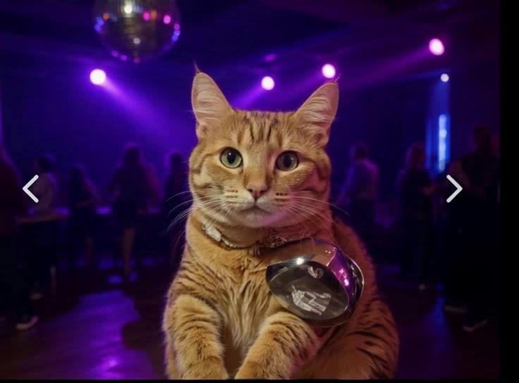 Prompt: Cat dancing at a disco, very happy