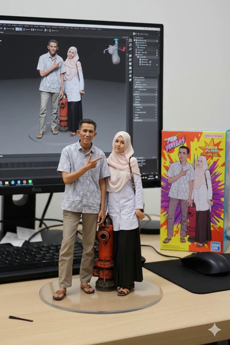 Prompt: Whengzyi Tandean two hands gently pickup the figure in the frame and rotate it slightly for inspection. The model on the computer screen and the model printed on the packaging box remain stationary, while all other background elements stay unchanged