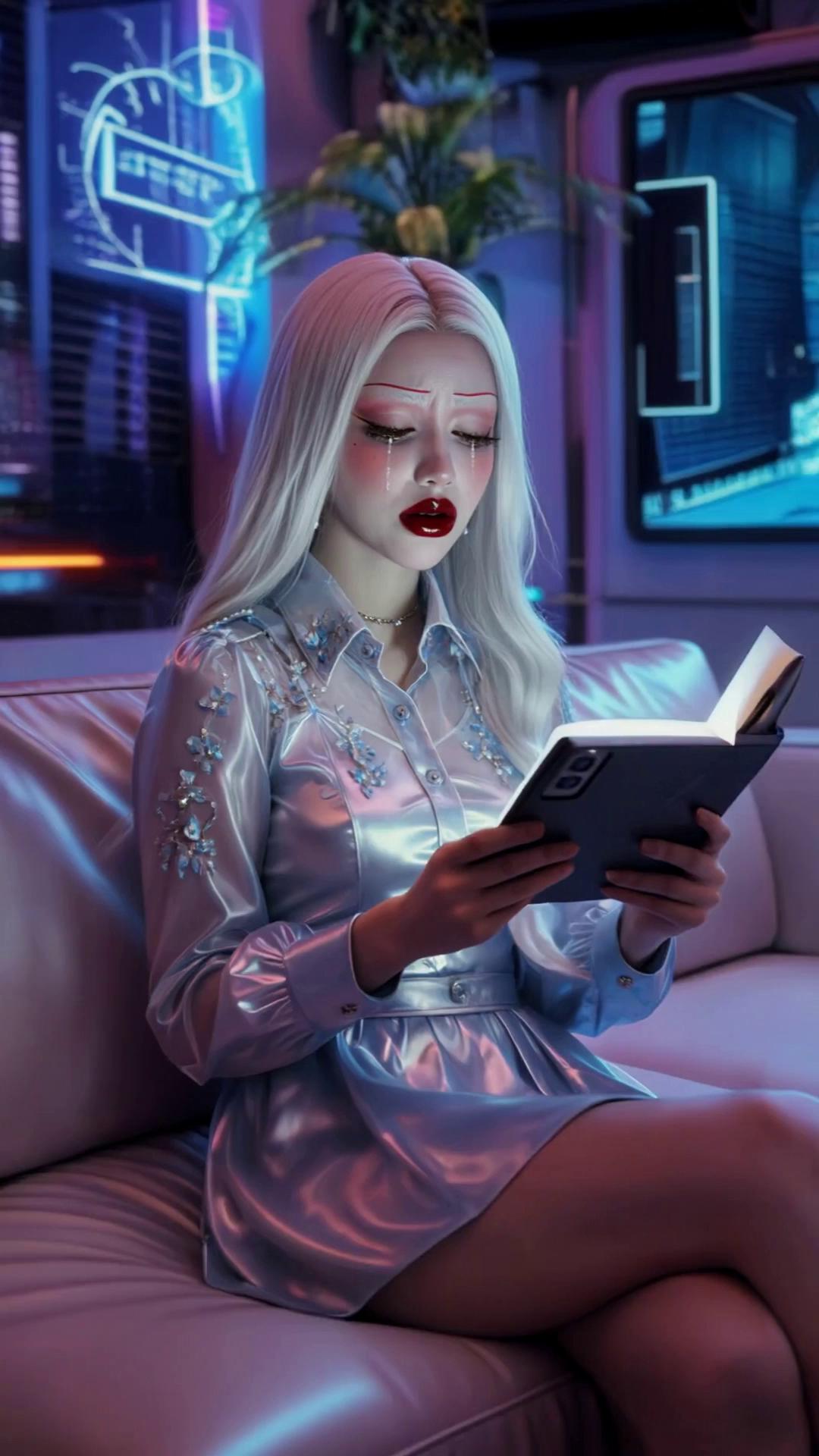 Prompt: Cinematic close-up of an ethereal white-haired woman in a dim futuristic room, reading a glowing pad. She is distressed, voice shaking, pausing as memories haunt her. Soft silver lighting, slow camera push-in, melancholic sci-fi tone, emotional realism.
