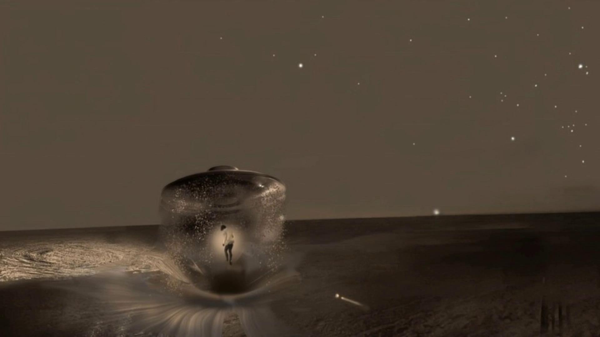 Prompt: The ufo drops the figure onto the beach. The figure takes a few steps back and looks up at the UFO as it ascends  slowly up into the sky.