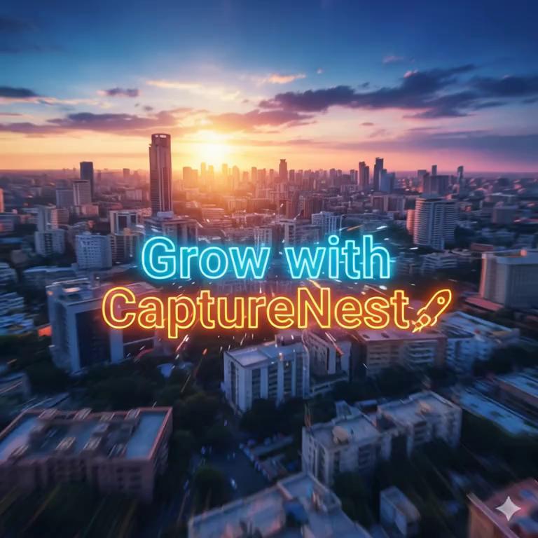 Prompt: Title: CaptureNest – We Capture, You Grow
Format: 9:16 Vertical (Reel/TikTok style)
Duration: 30 seconds
Music: Upbeat EDM track, fast-paced transitions

[Scene 1 – 0:00 to 0:04]  
Visual: Bold animated text on screen: “Grow with CaptureNest 🚀”  
Background: Vibrant city skyline, fast zoom-in effect  
Transition: Quick flash cut  

[Scene 2 – 0:05 to 0:10]  
Visual: CaptureNest team filming a product shoot with professional cameras and lighting  
Overlay Text: “Branding That Stands Out”  
Transition: Swipe-up transition  

[Scene 3 – 0:11 to 0:16]  
Visual: Designer creating colorful social media posters on a laptop → posters animate onto Instagram feed  
Overlay Text: “Creative Reels & Posters”  
Transition: Spin-cut transition  

[Scene 4 – 0:17 to 0:22]  
Visual: Phone screen showing Instagram notifications (likes, comments, followers count exploding)  
Overlay Text: “Boost Your Reach 📈”  
Transition: Glitch-effect cut  

[Scene 5 – 0:23 to 0:27]  
Visual: Client smiling while checking campaign results on a tablet (sales charts rising)  
Overlay Text: “Results That Matter”  
Transition: Smooth zoom-out  

[Closing Scene – 0:28 to 0:30]  
Visual: CaptureNest glowing logo animation  
Text on screen: “We Capture, You Grow.”  
Background: Energetic music hits a peak and fades out