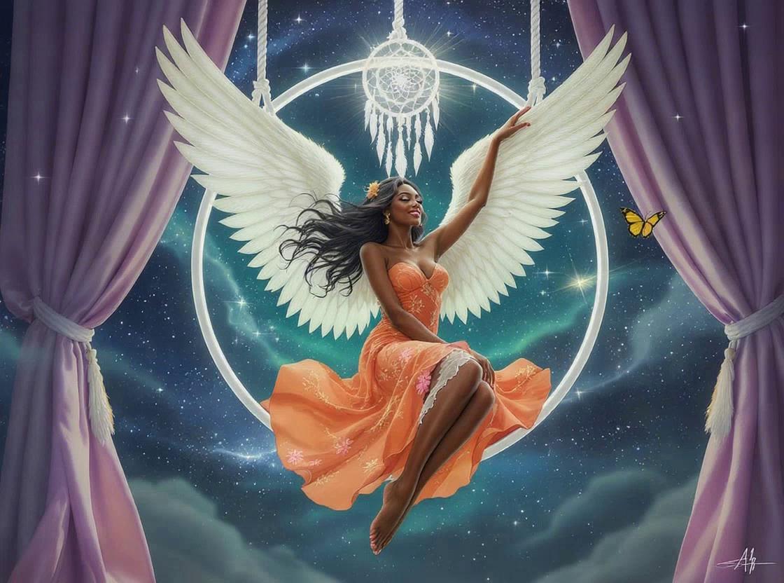 Prompt: Animation Prompt: “Giving Flight”

A celestial woman with radiant white wings floats gracefully in a star-filled night sky, suspended within a glowing circular dreamcatcher halo. Her peach dress billows softly as if touched by a gentle cosmic breeze, fabric rippling in slow, elegant waves. Long hair flows weightlessly, catching starlight as it drifts around her face.

Her wings subtly flex and feather tips shimmer with faint luminescent dust, releasing tiny sparkles that fade into the night. A small butterfly flutters nearby in a slow, poetic orbit, occasionally crossing the frame. The dreamcatcher threads sway delicately, feathers and beads rotating almost imperceptibly.

Soft curtains at the edges of the scene move inward and outward, framing the moment like a celestial stage. The camera performs a slow, circular dolly and slight upward tilt, enhancing the sensation of ascension, serenity, and divine stillness.

Lighting is ethereal and radiant—cool moonlight blended with warm highlights—creating a dreamlike balance between heaven and motion. The loop ends seamlessly as her wings return to their initial pose, ready to rise again.
