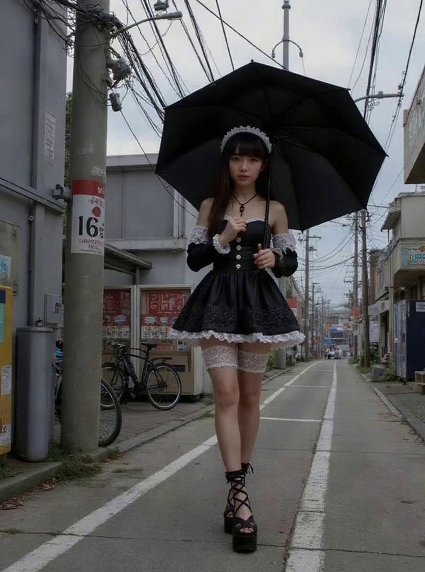 Prompt: Animate a surreal urban scene featuring a young woman in a gothic maid-inspired outfit walking at a steady, graceful pace down a narrow Japanese street. She wears a black and white lace-trimmed dress, platform shoes with crisscrossing straps, and a delicate lace headband. She holds a black umbrella as she walks, her steps rhythmic and deliberate. The camera begins with a wide shot, then slowly pans alongside her from left to right, capturing the motion of her dress and umbrella swaying gently with each step. The background includes bicycles, vending machines, Japanese signage, and overhead utility wires, rendered in photorealistic detail. Ambient city sounds—distant traffic, vending machine hums, soft footsteps—enhance the immersive atmosphere. Blend anime-style character animation with cinematic lighting and realistic textures to evoke a dreamlike contrast between fantasy and reality.