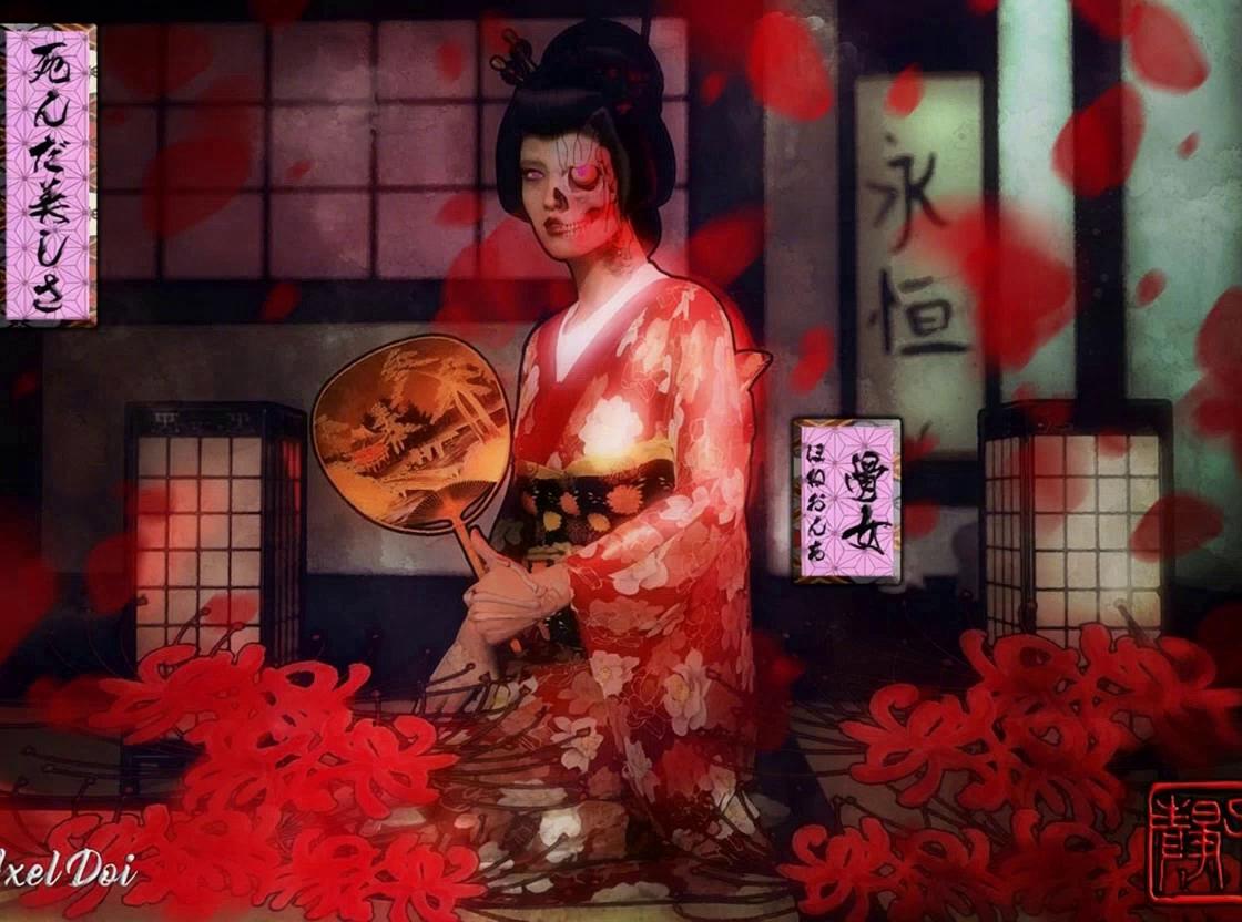 Prompt: Create a slow-burning, cinematic animation set inside a dimly lit traditional Japanese room illuminated by warm paper lanterns. Red spider lilies gently sway in the foreground as crimson petals drift across the frame in slow motion. The woman in the floral kimono stands still at first, holding her painted fan delicately at chest height. As the camera slowly dollies inward, her visible eye glows faintly, and shadows subtly ripple across her face.

A soft gust of wind lifts her kimono sleeves and sends petals spiraling around her. For a brief flicker, the illusion breaks—her skeletal side subtly emerges beneath the skin before fading back into her flawless appearance. Lantern light pulses once, and the room darkens slightly as the petals intensify in motion.

She lowers the fan just enough to reveal a faint, knowing smile. The camera circles her slowly, keeping the red lilies blurred in the foreground for depth. The animation ends with petals filling the frame as the lantern light dims to deep crimson, leaving only her glowing eye visible before fading to black.