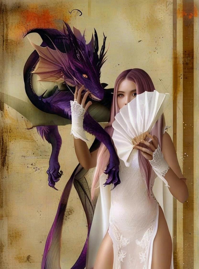 Prompt: Animation Prompt — “姫の龍 | The Dragon Princess”

Style:
High-fantasy, Japanese-inspired mysticism, painterly realism, soft cinematic lighting, shallow depth of field

Scene Description:
A regal woman stands perfectly still, poised and ceremonial, her body unmoving like a living statue. She holds a white folding fan partially covering her face, eyes calm and unwavering. Her long pastel-pink hair hangs motionless except for the faintest natural sway. Lace and silk fabric subtly breathe with the air.

Behind her, a sleek violet dragon coils protectively over her shoulder, its presence ancient and intelligent.

Animation & Motion Details

The woman remains completely stationary — no walking, no shifting posture

Only micro-movements:

A soft blink every 6–8 seconds

Almost imperceptible hair strand drift

Gentle fabric tension responding to air

The dragon provides primary motion:

Slow breathing visible through chest expansion

Tail tip drifting in a smooth, hypnotic arc

Subtle neck adjustment as it leans closer to her ear

Eyes glow faintly, pulsing once every few seconds

The fan remains still, reinforcing ritual calm

Environmental Motion

Fine dust motes floating in warm light

Faint drifting particles resembling ash or magic residue

Background texture subtly shifts like aged parchment breathing

Soft golden light flickers gently, as if from unseen lanterns

Camera Behavior

Locked camera or extremely slow push-in (almost imperceptible)

No cuts, no shakes

Designed for perfect seamless looping (6–8 seconds)

Lighting & Color

Warm golds and parchment tones

Deep royal purples and indigo highlights on the dragon

Soft bloom around light edges

No harsh contrast — everything feels sacred and timeless

Mood & Narrative

A moment of quiet dominion.
She does not command the dragon — she is the reason it stands guard.
Stillness as power. Silence as authority.

Loop Optimization Notes

Begin and end with identical dragon breathing phase

Particle motion continuous and non-directional

Avoid dramatic movement spikes