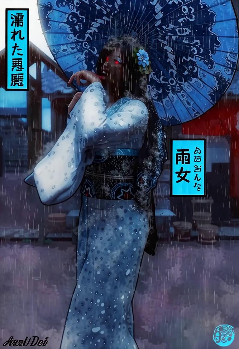 Prompt: Create a moody, high-contrast cinematic animation set in a rain-drenched Edo-era street at night. The scene opens in near darkness — only the sound of steady rainfall. Lantern light flickers faintly through mist.

Slow dolly-in shot from behind. A lone woman in a soaked kimono stands beneath a large indigo paper umbrella. Rain cascades heavily, each droplet illuminated in silver streaks. Water pools at her feet, rippling unnaturally as if breathing.

As the camera shifts to a three-quarter side view, her red eyes ignite softly beneath shadowed bangs. The rain begins to fall in slow motion. Droplets freeze midair around her like suspended glass beads.

A low bass rumble swells.

She tilts her head slightly — subtle, unnatural. The umbrella rotates on its own, revealing intricate wave-like patterns that begin to move as if alive. Dark mist seeps from her kimono sleeves, dissolving into the rainfall.

Cut to close-up: Rain runs down her face, but the water evaporates upon touching her skin. Her lips curl into a faint, ominous smile. The red glow intensifies.

Suddenly — thunder cracks.

The camera snaps wide as the rainfall turns torrential. The street floods instantly. Shadows behind her stretch and twist, forming demonic silhouettes within the storm. Her hair lifts as if underwater, moving independently of the wind.

She slowly lifts one hand. The rain shifts direction, spiraling upward toward the sky in a vortex. Lanterns extinguish one by one in dramatic bursts of steam.

Lightning illuminates her full form — half-beautiful woman, half-shadowed entity — with rain streaming in reverse around her.

Final shot: The storm collapses inward. Silence. The street is empty. Only a single paper umbrella lies spinning in a shallow puddle… until two faint red reflections glow in the water before fading to black.