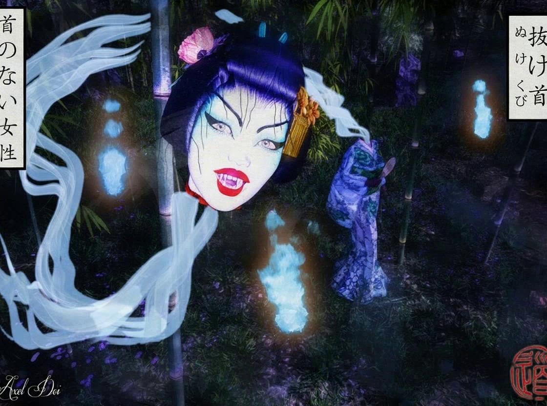 Prompt: Animation Prompt – “Nukekubi: Whisper in the Bamboo”

Create a dark, supernatural cinematic animation set in a moonlit bamboo forest. The atmosphere is thick with indigo mist and drifting blue spirit flames.

Opening Shot

Camera glides low through dense bamboo stalks swaying gently in the night wind. Fireflies flicker — then shift into cold blue will-o’-wisps hovering at different heights.

A faint feminine laugh echoes.

The camera rises slowly…

Her severed head floats into frame from behind a bamboo stalk, hair drifting weightlessly like ink in water. Her expression is playful — but predatory.

Her body stands several meters away, upright and still, holding a folding fan loosely at its side.

Rising Tension

Close-up: Her crimson lips part, revealing sharp teeth.

The blue flames pulse brighter in sync with her grin.

The camera orbits around the floating head as translucent spectral trails follow her movement. Her long neck appears as a mist-like ribbon connecting briefly — then dissolving again.

The bamboo forest darkens as shadows stretch unnaturally.

Transformation Sequence

Suddenly, she accelerates.

Her head darts through the bamboo at impossible speed, weaving between stalks in fluid motion. The camera follows in a dynamic tracking shot as spirit flames streak into elongated light trails.

Her body begins walking slowly toward the camera — calm, elegant — while her head circles overhead like a hunting falcon.

The moonlight turns cold blue.

Her eyes glow faint violet.

Climactic Beat

Her floating head lunges directly toward the camera — stopping inches before impact.

Time slows.

Her hair spreads outward like ghostly tendrils.

The spirit flames spiral around her in a vortex.

She smiles wider.

Final Shot

Suddenly everything snaps back to stillness.

Her head is once again perfectly aligned atop her body.

She stands serenely in the bamboo forest as if nothing occurred.

One blue flame flickers out.

Cut to black.