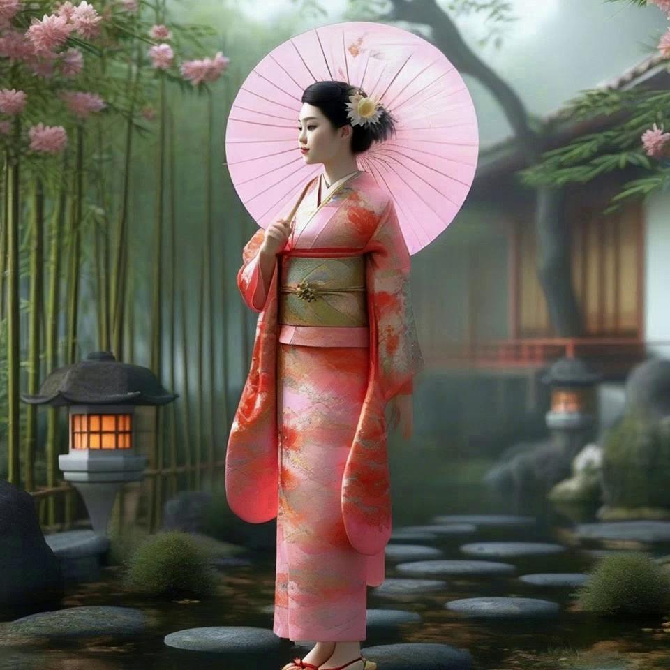 Prompt: Animation Prompt — “Garden Pathway in Gentle Motion”

Scene & Mood:
A tranquil Japanese garden in early spring, wrapped in soft mist and filtered daylight. The atmosphere is calm, poetic, and timeless—every movement slow and intentional.

Character Animation (Primary Focus)

The woman walks gracefully along the stone stepping path, taking slow, measured steps.

Each step is deliberate and fluid, heels barely lifting, evoking traditional Japanese elegance.

Her kimono flows naturally with each step, sleeves trailing softly behind her.

The wagasa (paper umbrella) tilts slightly as she walks, responding subtly to her movement.

Her head and gaze remain calm and forward, with occasional gentle blinks.

Hair ornaments and floral accessories move faintly with her motion.

Foot placement aligns carefully with each stone, reinforcing grace and balance.

Environmental Motion

Cherry blossom petals fall continuously, drifting past the character at multiple depths.

Bamboo stalks and leaves sway slowly in the background.

Soft mist rolls gently across the ground, parting slightly as she walks through it.

Lantern light flickers subtly, casting warm highlights.

Light ripples appear on damp stones as petals land.

Camera Movement

Slow cinematic side-tracking or gentle follow shot, matching her walking pace.

Very subtle forward drift to maintain intimacy and calm.

Occasional foreground petals pass the lens for depth.

No abrupt camera changes.

Lighting & Atmosphere

Diffused morning light with soft pastel highlights.

Gentle volumetric light filtering through bamboo.

Natural color harmony: pink sakura, mossy greens, stone grays, warm lantern glow.