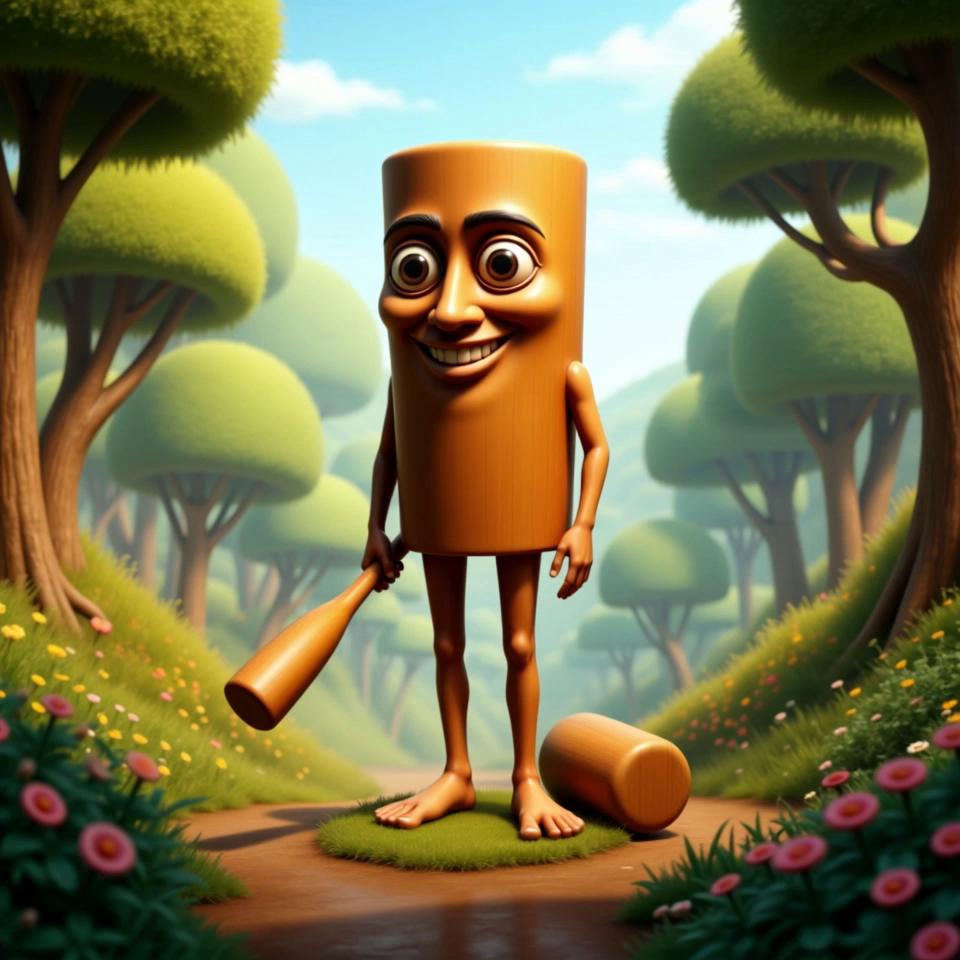 Prompt: 3D cartoon anthropomorphic baseball bat 350705bc with brown cylindrical body with large eyes, wide smile, long limbs, holding a bat In a vibrant, cartoonish forest filled with oversized, colorful flowers and spiraling vines, the character stands boldly on a small hillock. Its brown cylindrical body gleams under the dappled sunlight, showcasing its large eyes sparkling with mischief, and a wide smile that radiates joy. Long limbs stretch out confidently, one hand gripping a cartoonishly oversized baseball bat, casting an exaggerated shadow that adds to the whimsical atmosphere, inviting viewers to spin around and explore the character from every angle while maintaining its dominant presence against the lush backdrop.
