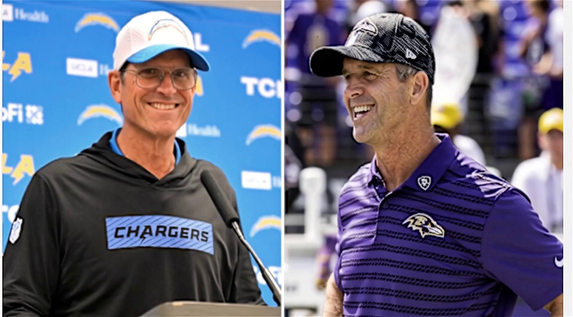 Prompt: use these two images as Jim harbough on the left in the chargers and john harbough in the right as the ravens