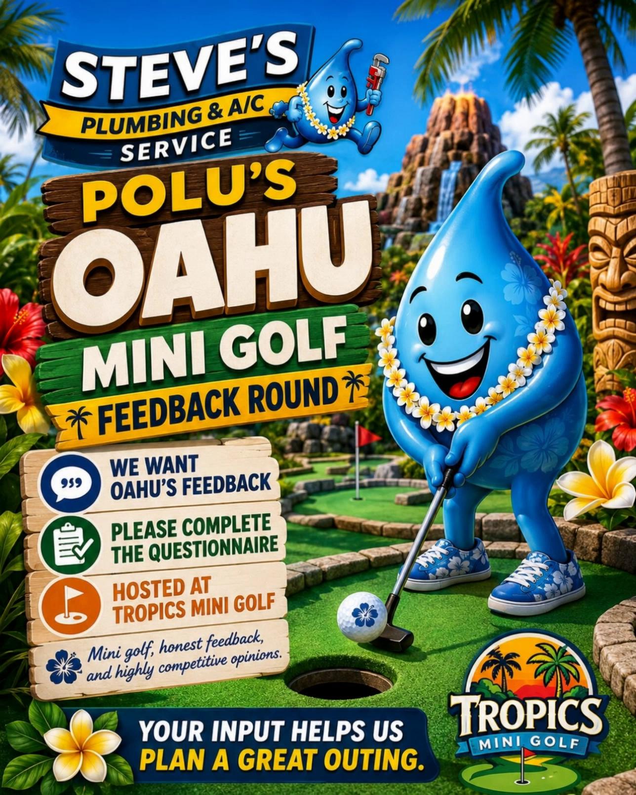 Prompt: Polu is the character in blue. Please have him swinging the club, the ball going into the hole, and then him jumping up and down celebrating. Crowd cheering when he puts the ball in the hole, and him screaming HOle In One Baby!