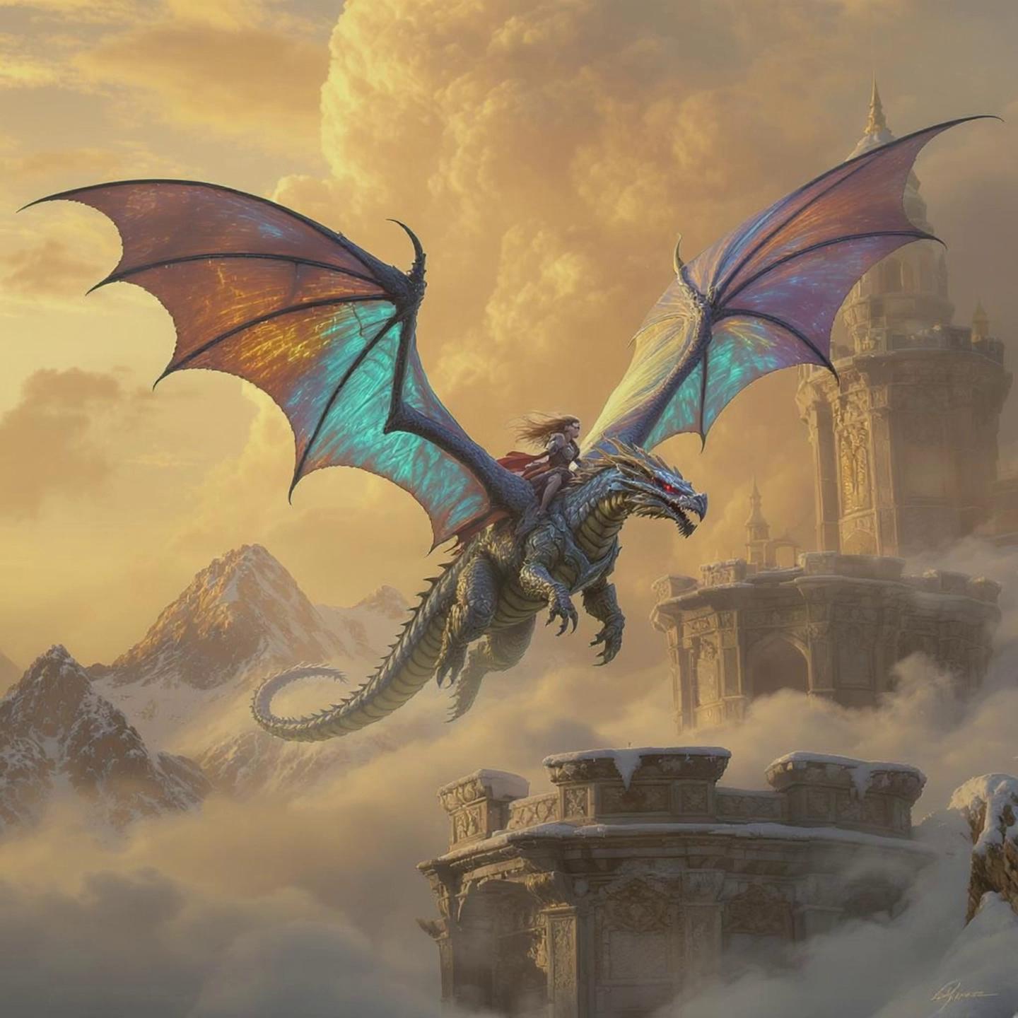 Prompt: dragon landing on the citadels tower and the beautiful female dragon rider dismounting. 