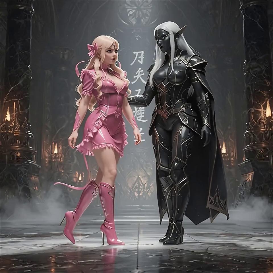 Prompt: prinonere in pink is being dragged bz a darkelf to her prison. the boots of both clacking on the marble floors. the prisoner tries to resist but is no match for the bigger darkelf