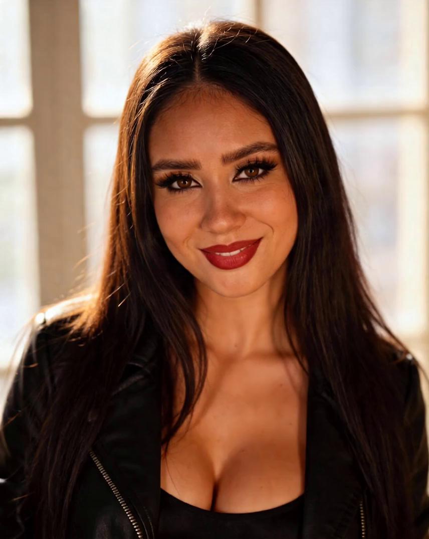Prompt: Luna Reyes, adult female influencer, age 22, of Puerto Rican descent.
Chest-up framing, close and intimate.
She holds calm, confident eye contact with the camera.

Subtle natural movement only: gentle head tilt, soft smile, slow blink.
Relaxed posture, controlled presence.

Wearing a fitted black top and leather jacket.
Soft natural lighting, warm skin tones, shallow depth of field.
Premium creator intro video, cinematic realism.

Luna spoken words, slow : "Hey… I’m Luna.
Ven más cerca.”
