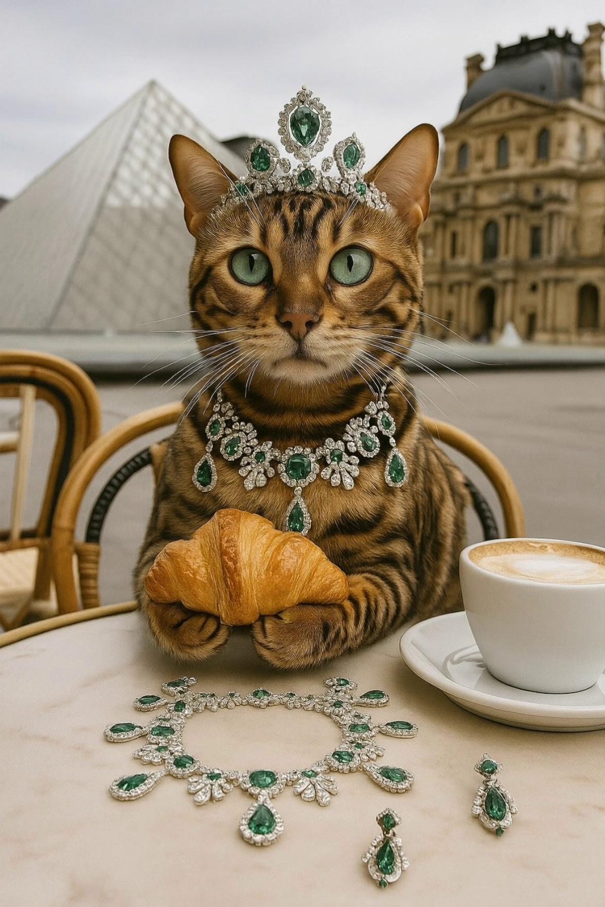 Prompt: cat is eating croissant which in his paws