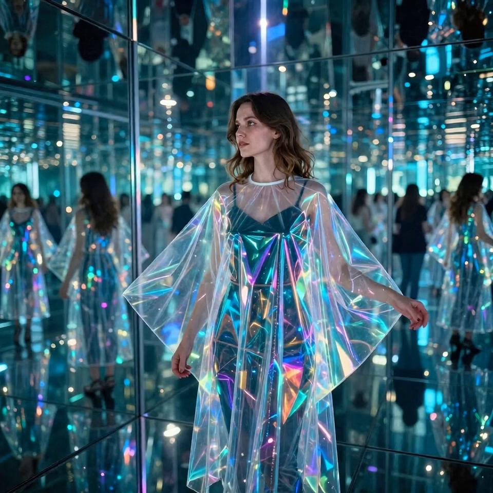 Prompt: Animate this image into a 10-second cinematic video. Keep the same adult European woman, the iridescent transparent coat and the mirrored neon room exactly as in the photo. Add slow movement to the reflections: neon lights sliding across the mirror walls and across her coat, creating shifting holographic colors. Introduce floating particles of glowing dust and subtle prism light flares. Her hair moves gently in a soft breeze and she turns her head slightly with a calm expression. All reflections in the mirrors must update naturally as she or the lights move. Add a slow camera dolly-in with slight parallax to give depth. Maintain realistic lighting, refractive highlights, smooth motion and elegant sci-fi fashion editorial vibes. No scene changes, no cuts, just subtle continuous movement.

Futuristic ambient synthwave, neon pads, shimmering textures, minimal beat at 92 BPM, no vocals, holographic vibe.