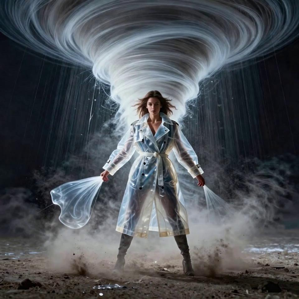 Prompt: Create a cinematic slow-motion video based on this exact image. Preserve the woman’s appearance, pose, transparent futuristic trench coat, boots, and overall framing. Animate the swirling tornado of white energy behind her with smooth rotational motion, as if the vortex is slowly breathing. Light pulses inside the tornado, casting shifting highlights and soft reflections onto her coat and the ground. Add subtle dust movement around her feet, drifting outward in slow motion, and delicate particles suspended in the air. Her hair reacts naturally to the wind coming from the vortex, moving gently and realistically. Keep the atmosphere dark, dramatic, and volumetric, with soft haze and depth. Do not change the environment, do not add new objects or characters. Maintain hyper-realism, cohesive lighting, and physical consistency. Make it feel like a high-budget sci-fi film shot with a slow-motion cinema camera.