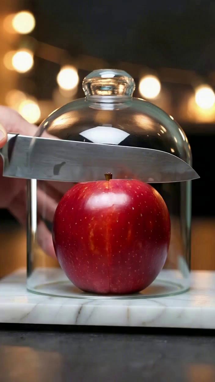 Prompt: A cinematic, slow-motion close-up of a bright red apple encased in glass resting on a white jade cutting board. Studio lights cast soft reflections across the surface. A human hand appears, holding a sharp stainless steel knife positioned just above the apple. The first slice breaks the translucent surface cleanly sending clear fragments scattering in satisfying slow-mo. The only audio is crisp, detailed ASMR slicing. no music, no speech. The frame is tightly focused with a macro lens, shallow depth of field, cinematic lighting.

