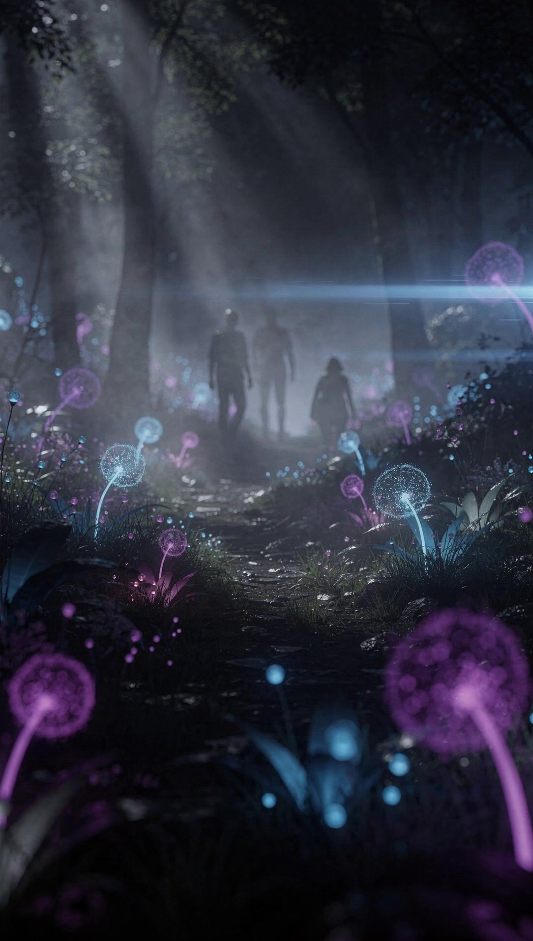 Prompt: Camera banks left as glowing particles stretch into streaks, morphing into a luminous tunnel