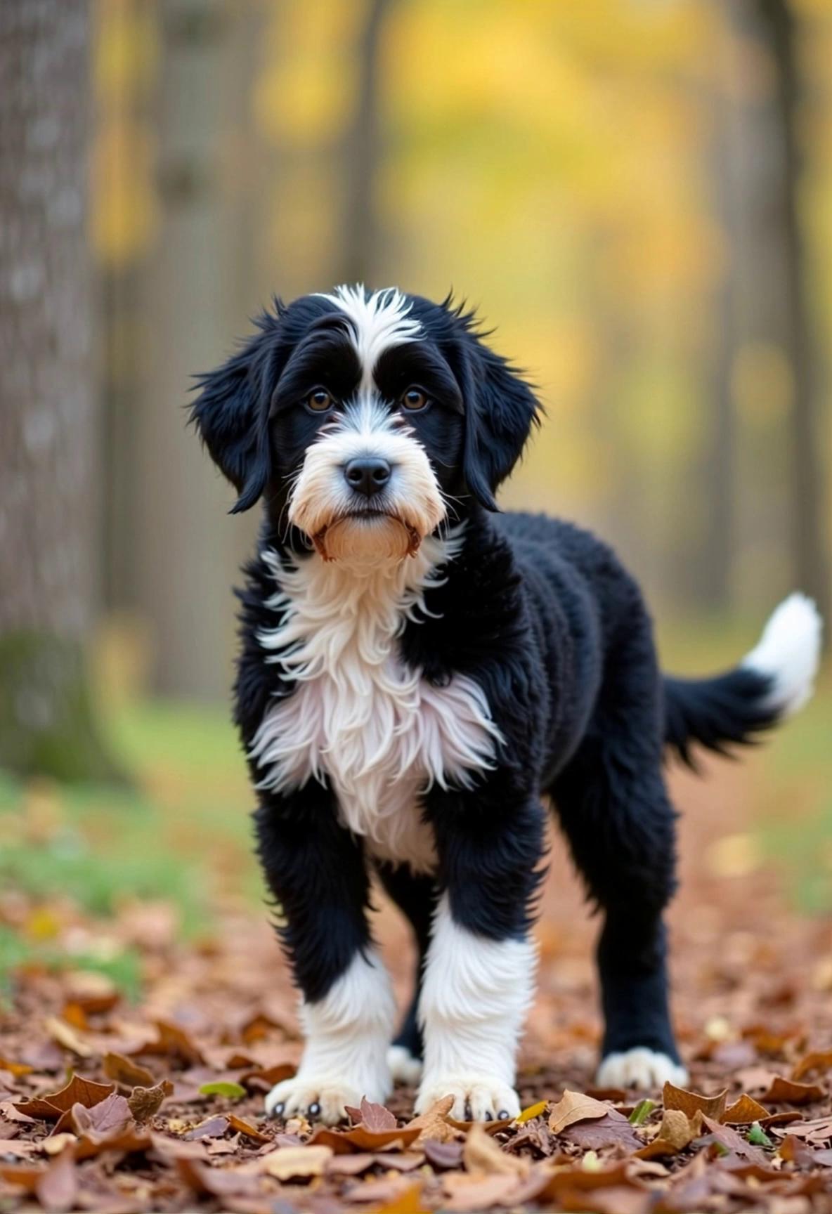 Prompt: Portuguese water dog sees a squirrel in the distance forest and runs after it. 