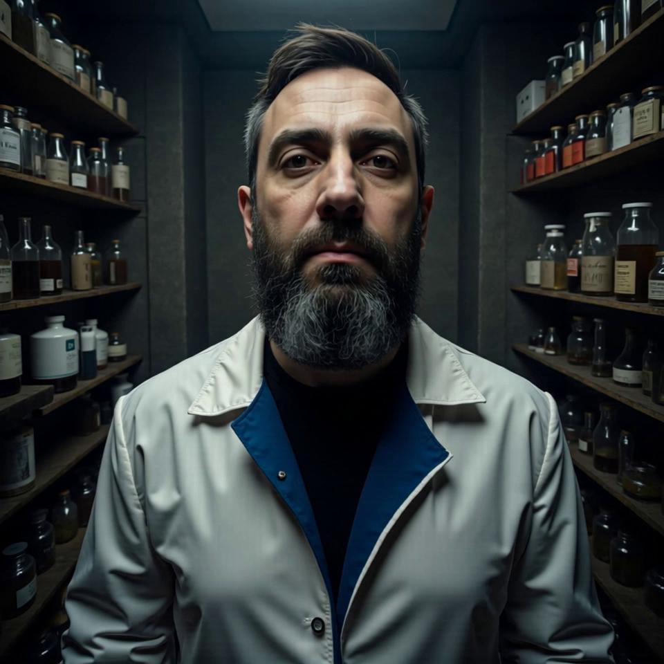 Prompt: photorealistic adult male 88605172 with dark hair, full beard, wearing white coat with blue collar In a secluded, dimly lit laboratory, the camera revolves slowly around a tall figure clad in a crisp white coat, accented by a deep blue collar. The fabric billows slightly with each movement, showcasing the full beard and dark hair of the character, which glistens under the sporadic flicker of overhead lights. Shelves lined with mysterious potions and intricate machinery create a rich, complex backdrop, accentuating the character's commanding presence while maintaining him as the undeniable focal point against the shadowy contours of the environment.