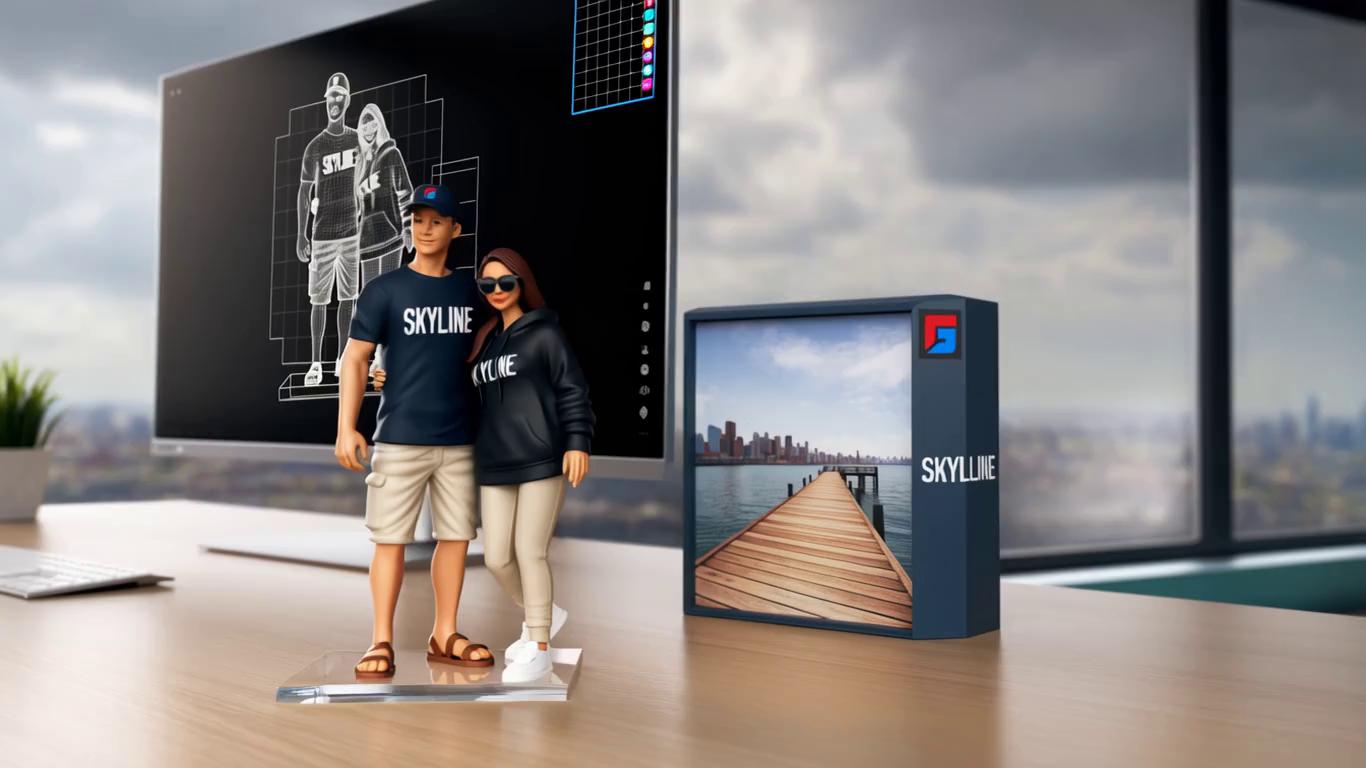 Prompt: This photograph captures a modern office desk scene with a focus on a 3D figurine and a computer monitor. The figurine, placed on a clear acrylic base, depicts a man and a woman standing side by side. The man wears a dark navy T-shirt with "SKYLINE" printed in white, beige knee-length shorts, brown sandals, and a dark navy cap. The woman wears a black long-sleeve hoodie with "SKYLINE" printed in white, light beige pants, white sneakers, and dark sunglasses. The figurine is highly detailed, with visible textures on the clothing and shoes.

Behind the figurine, a large computer monitor displays a 3D wireframe sketch of the same man and woman standing closely together, with a grid and lines suggesting a digital design environment. The monitor's screen is predominantly black with white wireframe lines and a few colored icons and text in the top right corner.

To the right of the figurine, there is a boxed photograph of the same man and woman standing on a wooden pier by the water, with a cityscape in the background. The box is labeled "SKYLINE" with a red and blue logo. The desk is made of light wood, and the background includes a window with a view of a city skyline under a cloudy sky.