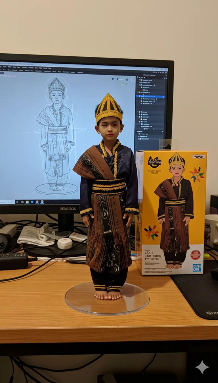 Prompt: Nure two hand gently pick up the figure on the frame and rotate it slightly for inpection.the model in the packaging box remain stationary, while all other background elements stay unchanged.