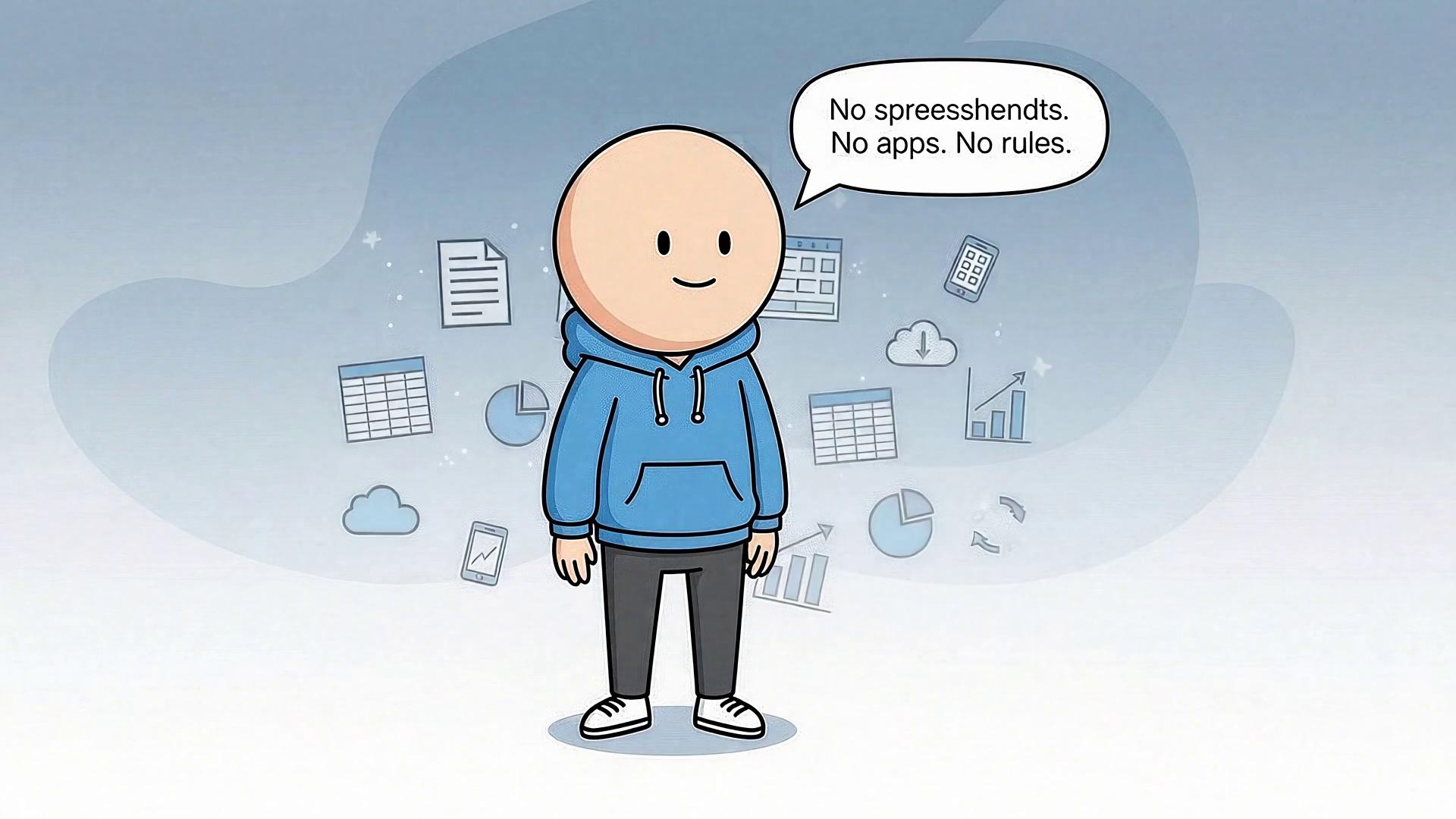 Prompt: Duration: 10s

Timestamp: 0:10–0:20

Summary: Biểu tượng app, spreadsheet biến mất

Characters: CHAR-01

Expression: Calm

Speech Bubble: “No spreadsheets. No apps. No rules.”

Narration: —

Props: Floating budget icons fading out

Mood: Light relief

Camera: Slow zoom-in

Framing: Medium

Lighting: Even

Background: Minimal abstract shapes