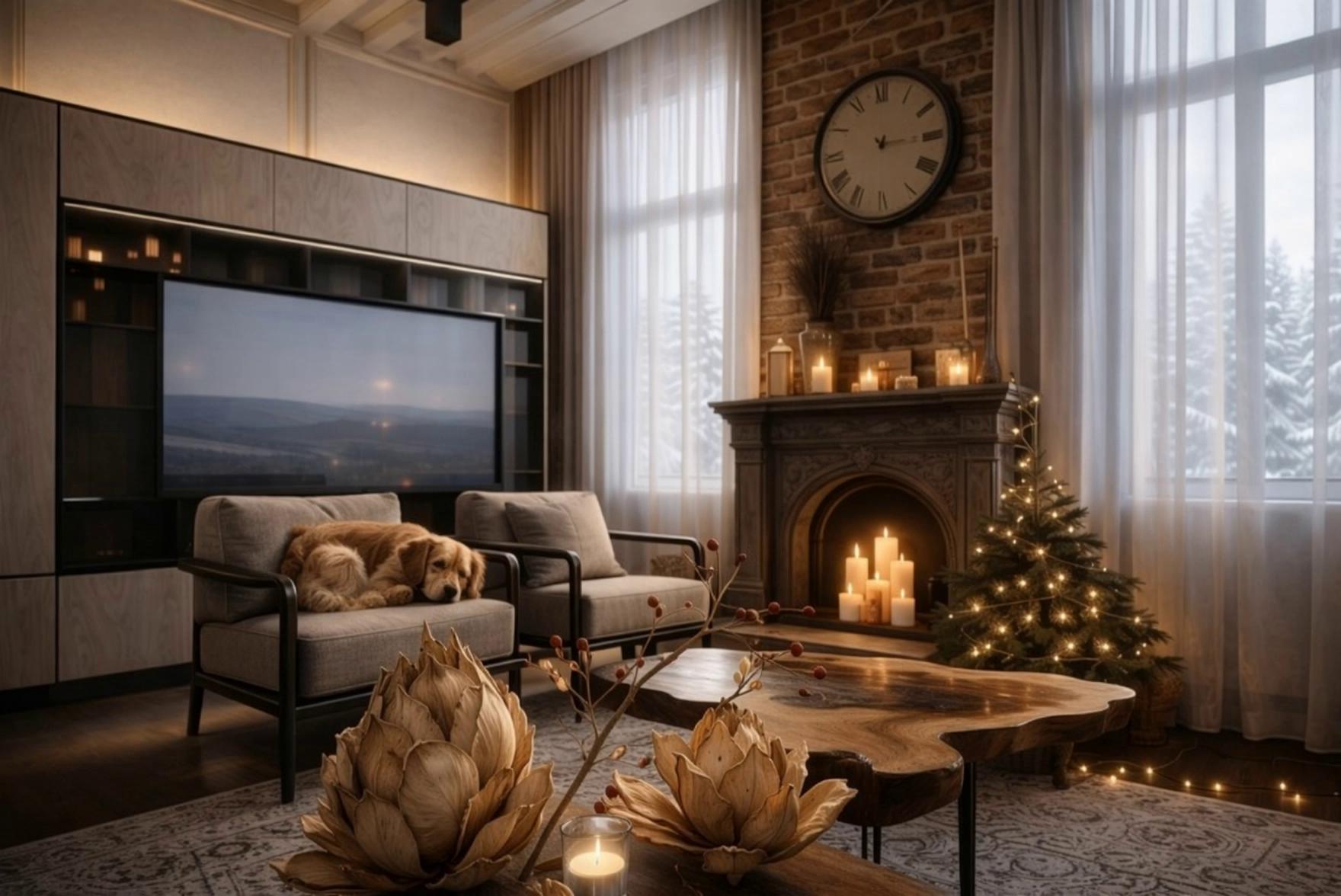 Prompt: Create a short cinematic video animation from the provided photo. Preserve the original composition, camera angle, proportions, lighting, and interior design. Do not change the layout, furniture placement, or color palette. Add the seconds arrow movement in relation to the real time speed. Add subtle, realistic motion: The TV screen is on, showing a travel program with a moving landscape (slow cinematic pan across nature or scenery). The motion should be smooth and calm, not bright or distracting. Add gentle movement to the sheer tulle curtain, as if from a soft indoor airflow. Add natural flickering flames on the candles, realistic and warm. On the armchair in the background, add a small breath motion  sleeping English Cocker Spaniel. The dog should be relaxed, curled or resting naturally, with very slight tail movement while sleeping, subtle and believable. Lighting and realism: Maintain realistic reflections and highlights on surfaces. Movements should be minimal, elegant, and atmospheric. No exaggerated animation, no cartoon effects. Style:Luxury interior, calm evening mood, cinematic realism, premium hotel or private residence atmosphere, high-end interior film aesthetic, soft depth, natural motion.