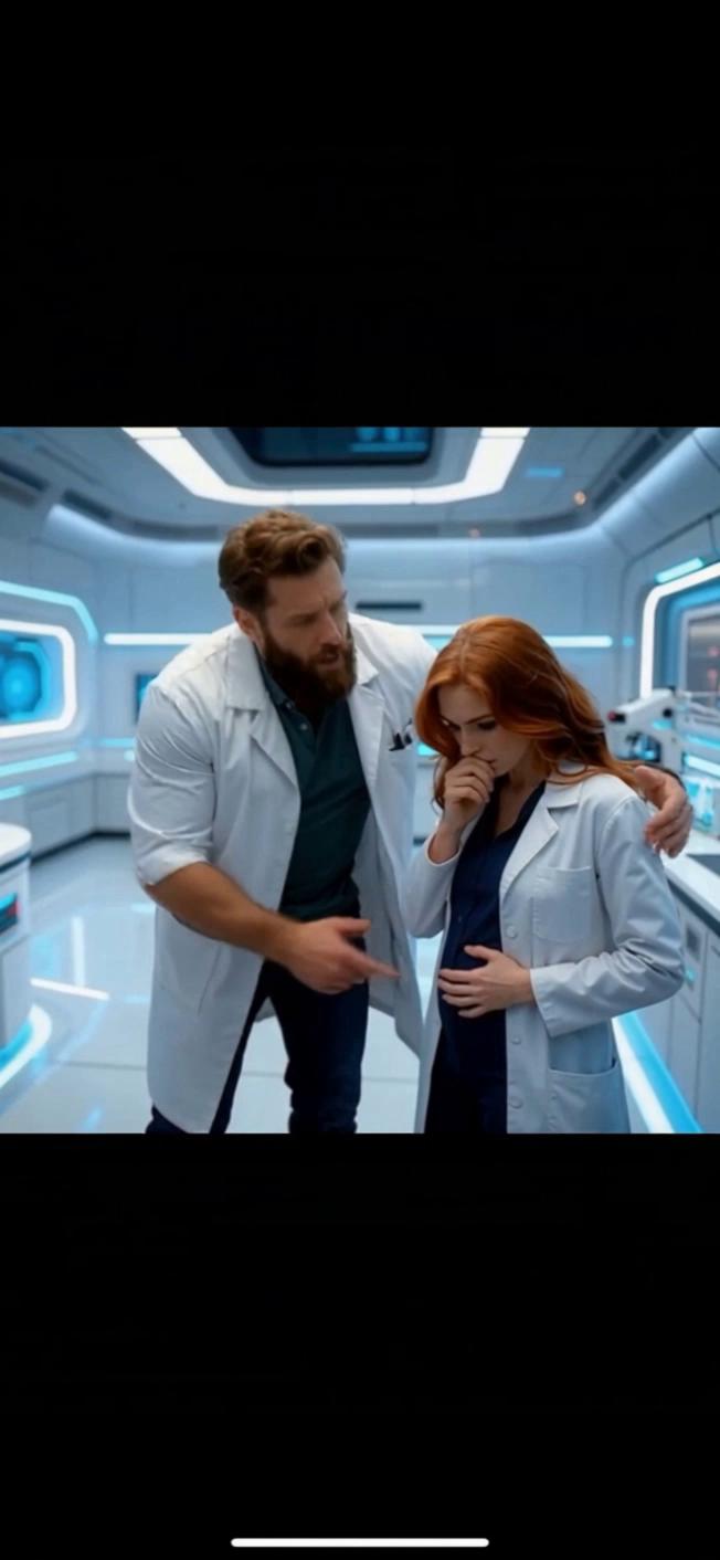 Prompt: The woman whirls and crashes down to her needs. Bent over a small trashcan She throws up. The bearded man  crouches down too and rubs her back worriedly. 